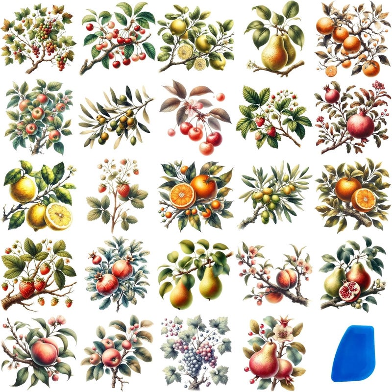ZMRU 24 Sheets of Watercolor Style Rub on Transfers for Crafts - Perfect for Glass, Porcelain, Leather, Canvas, and Fabric Projects - IOD Transfers Included,3 * 3inch (Vintage Fruits) - Image 1